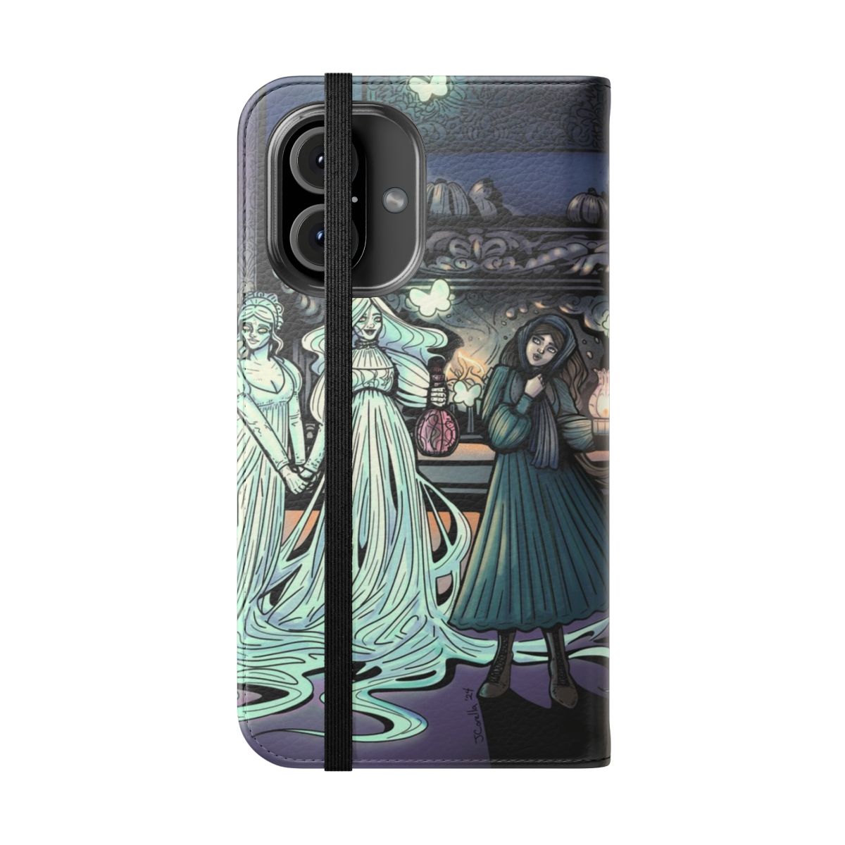 A flip phone case featuring a vintage gothic haunted house illustration with a ghostly atmosphere. - Folded Front