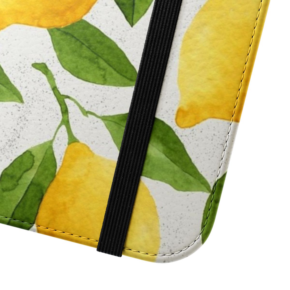 Watercolor illustration of fresh lemons and leaves on a phone case - Close Up