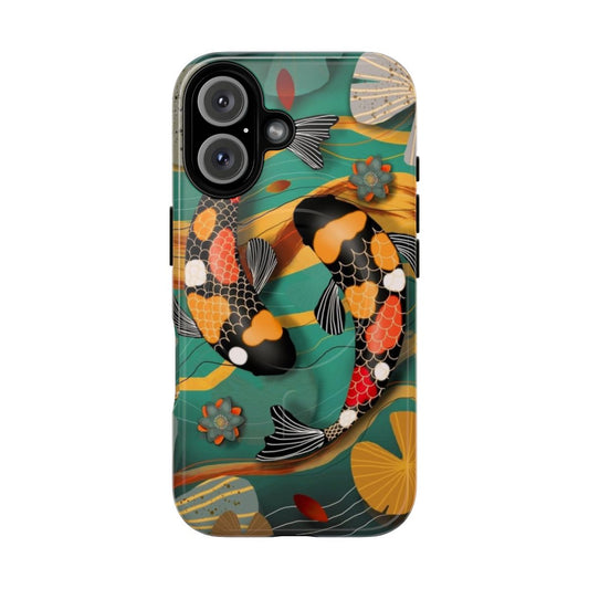 Koi fish swimming in a jade-colored watergarden, featured on a durable magnetic phone case