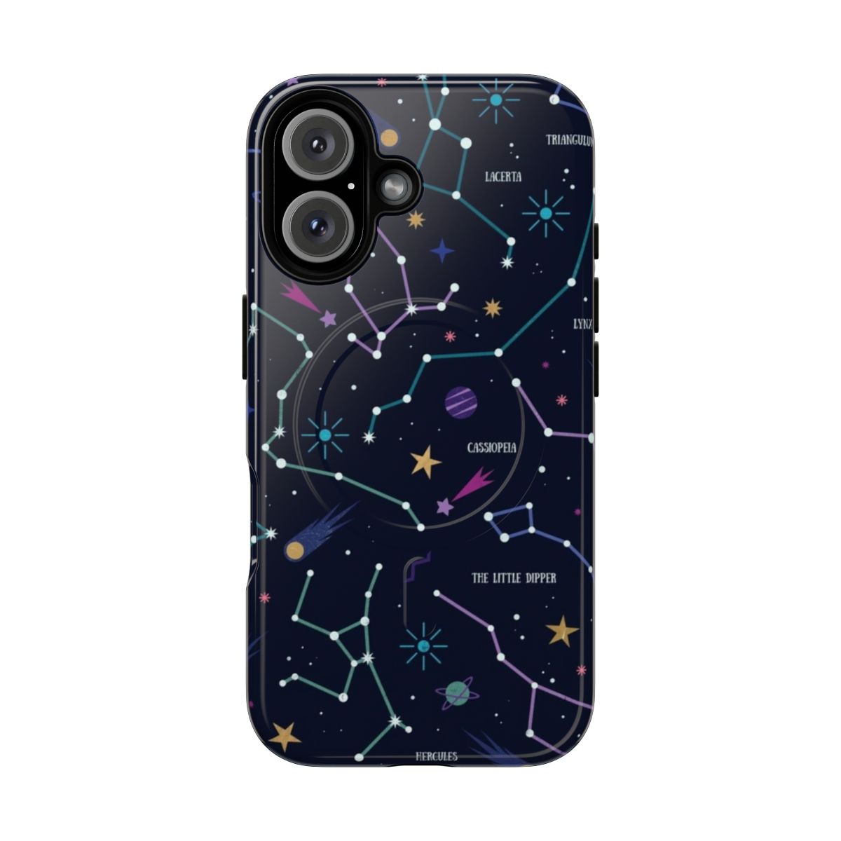 A phone case featuring a starry night sky design with galaxies, constellations, and celestial elements.