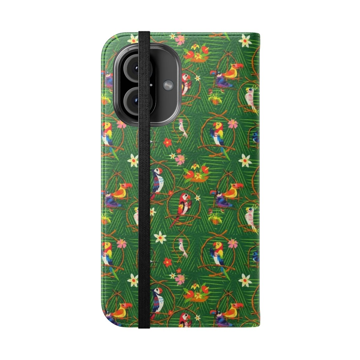 Flip phone case with enchanted tiki room design featuring singing birds, rainbows and jewels - Folded Front