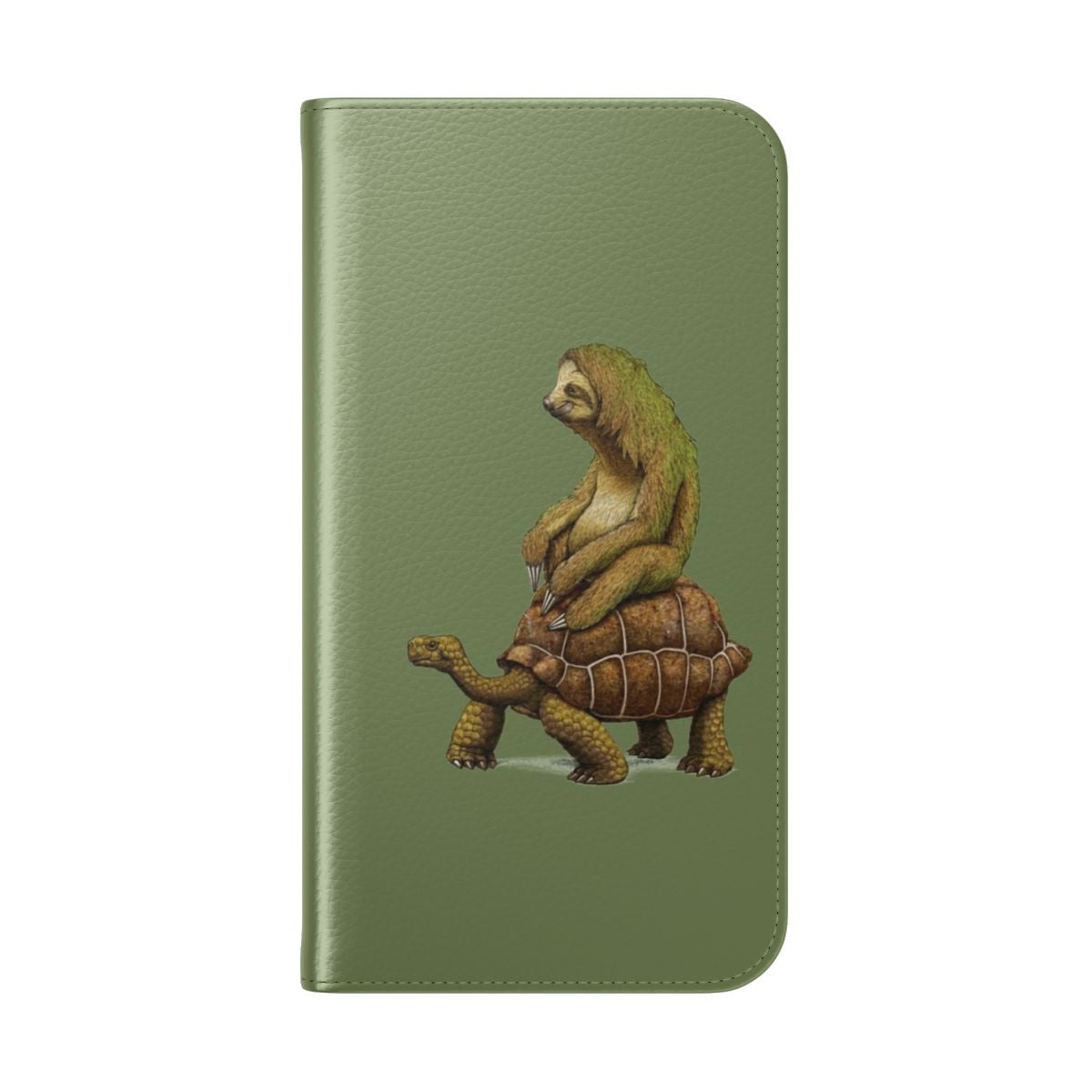 A flip cover phone case featuring a relaxed sloth riding a slow-moving turtle or tortoise in earth-toned colors. - Folded Back