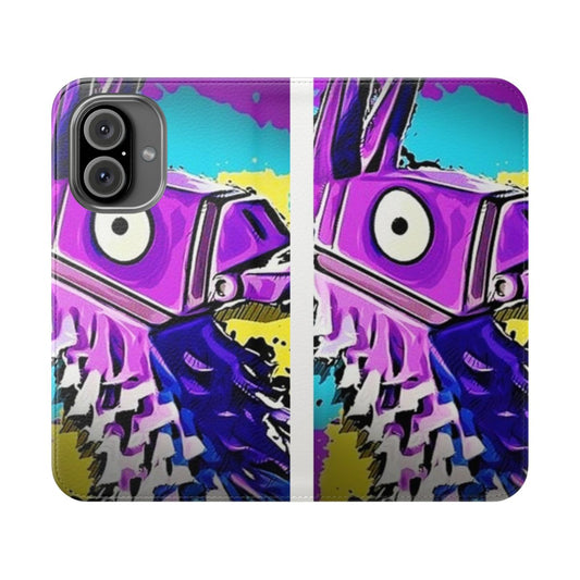 Colorful flip phone case featuring a llama design, perfect for Fortnite enthusiasts.