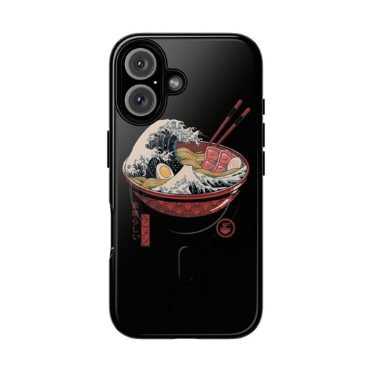 Artistic phone case featuring the iconic Kanagawa wave design and ramen bowl imagery