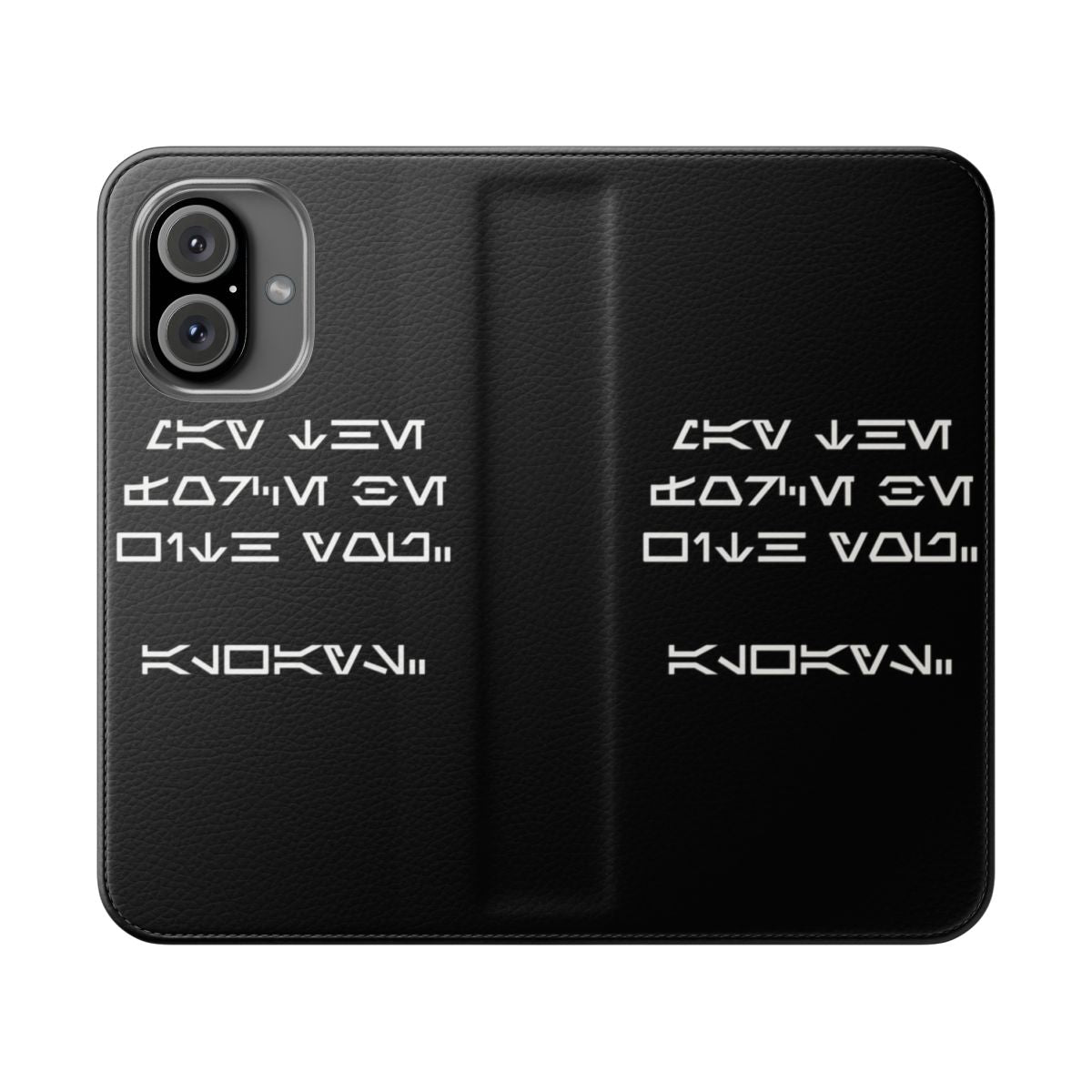 A white flip cover phone case featuring Aurebesh text and Star Wars imagery.