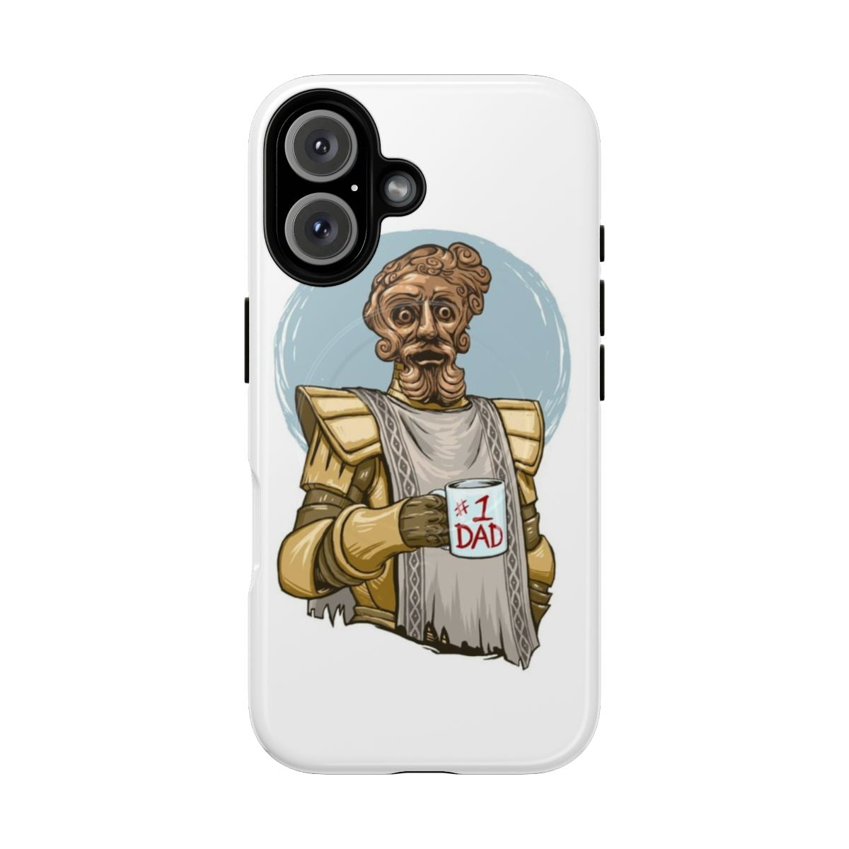 A dark colored magnetic phone case with the "Giant Dad" meme from the video game Dark Souls