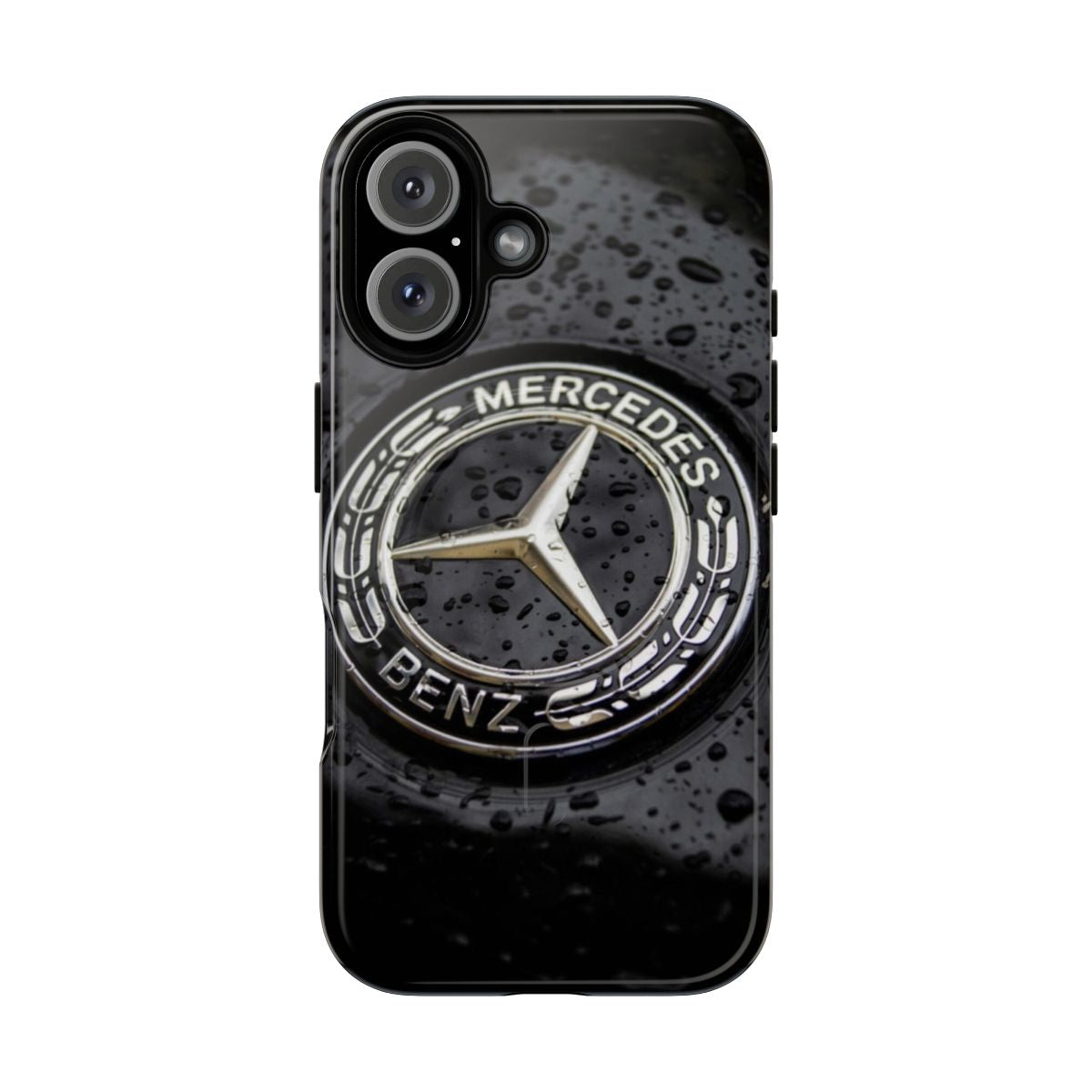 Closeup of a black phone case with the Mercedes logo and a strong magnetic closure.