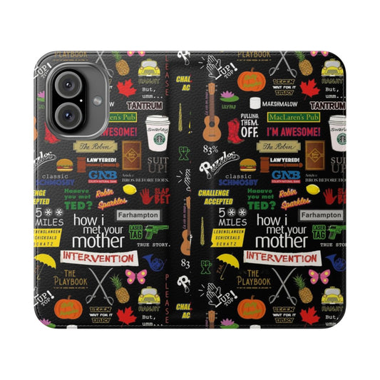 A flip cover phone case featuring a collage design inspired by the TV show "How I Met Your Mother".