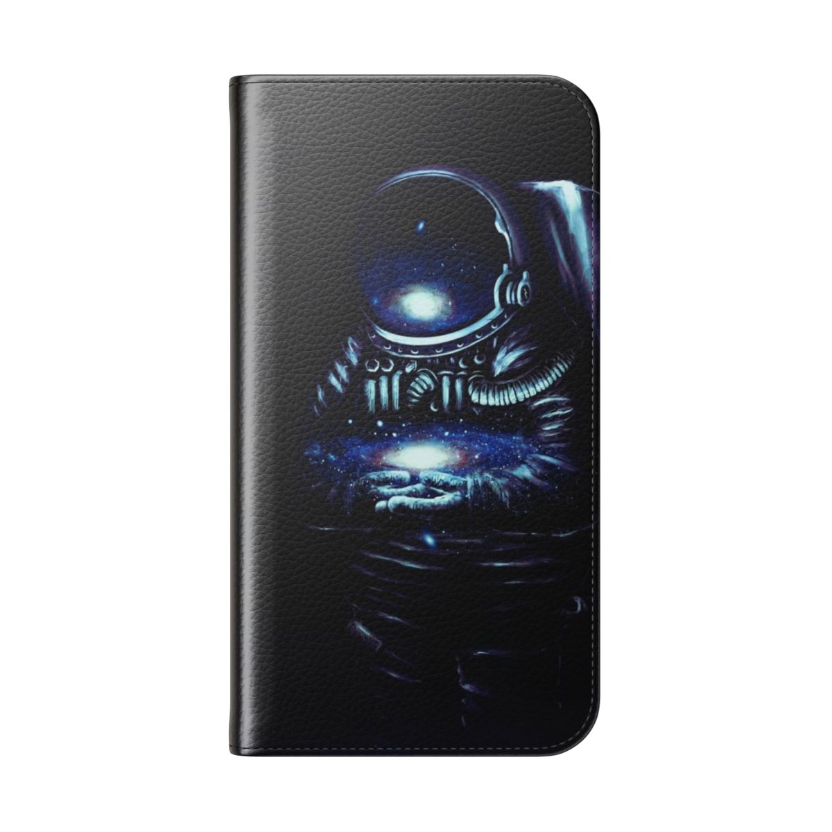 A stylish and protective phone case with a surreal, space-themed design featuring galaxies, stars, and an astronaut. - Folded Back