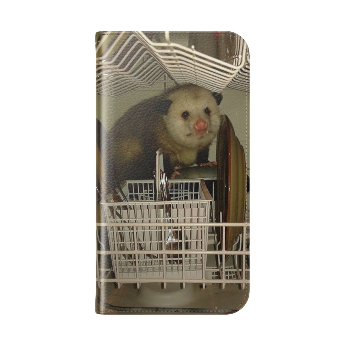 Dishwasher Possum Flip Cover Phone Case with Quirky Meme Design - Folded Back