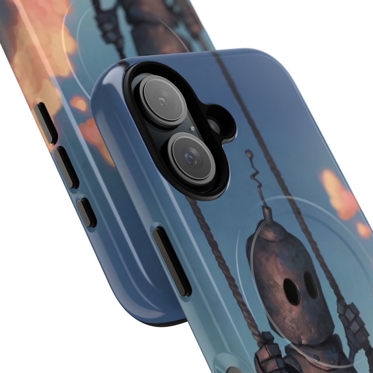 A magnetic phone case featuring a robot and weather-themed design. - Detail