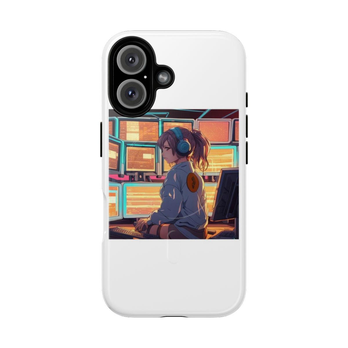 A magnetic tough phone case featuring a female hacker in a cyberpunk-inspired setting