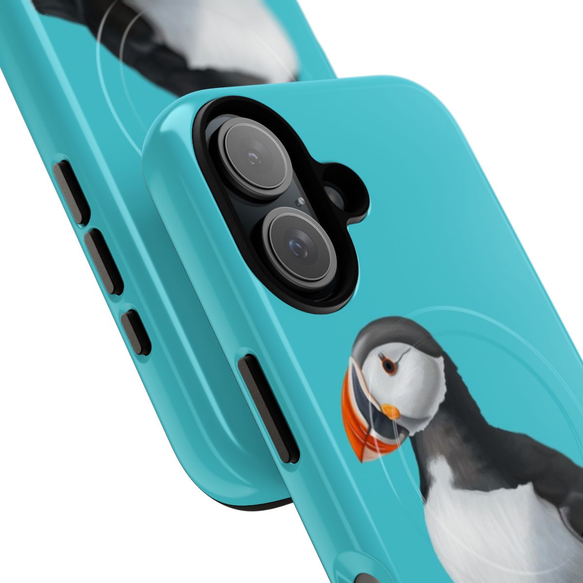 Vibrant artistic illustration of an Atlantic puffin bird on a magnetic, tough phone case - Detail