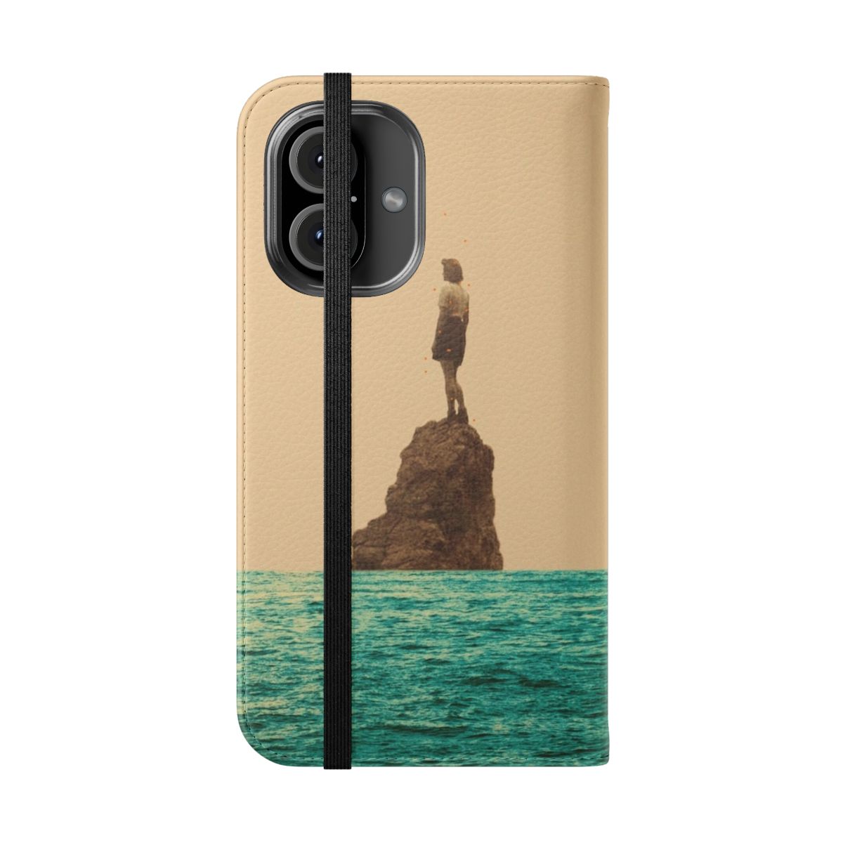 Vintage collage design phone case featuring a surreal, summer-themed nature scene with a lone woman. - Folded Front