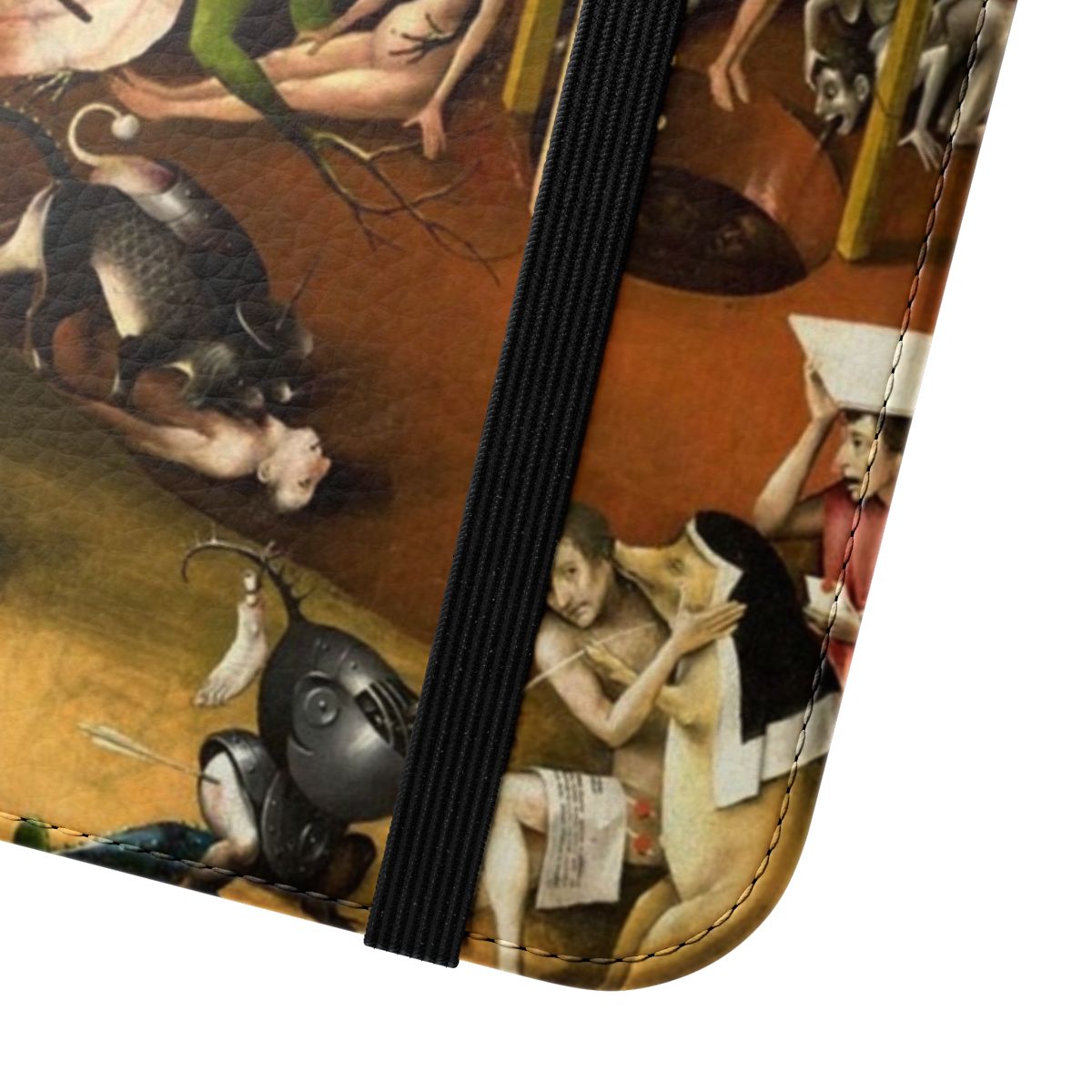 Detailed flip cover phone case featuring the bizarre "Bird King in Hell" artwork from Hieronymus Bosch's masterpiece "The Garden of Earthly Delights" - Close Up