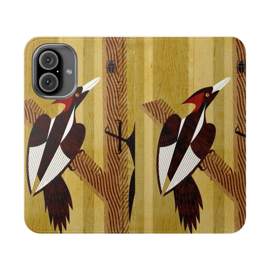 Detailed digital illustration of the extinct ivory-billed woodpecker on a phone case