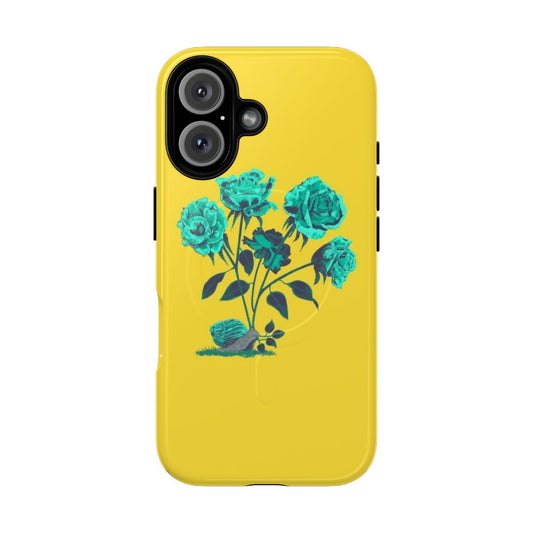 Closeup of a vibrant floral and snail pattern on a protective phone case