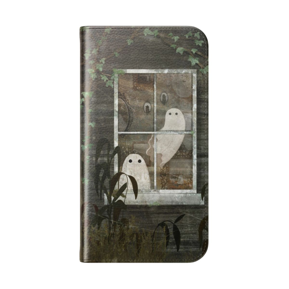 Flip phone case featuring a spooky haunted house with an overgrown window - Folded Back