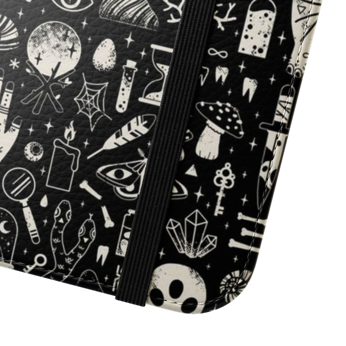 Bone Black Flip Cover Phone Case with Spooky Curiosities Motif - Close Up