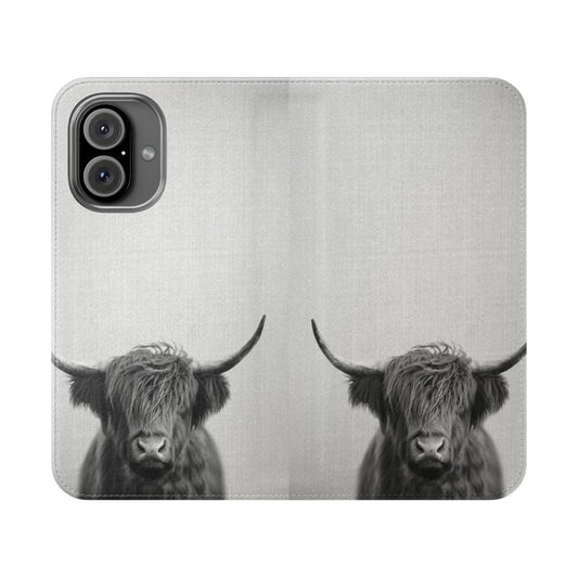 Sleek and protective Highland Cow-themed phone case in a modern black and white design.