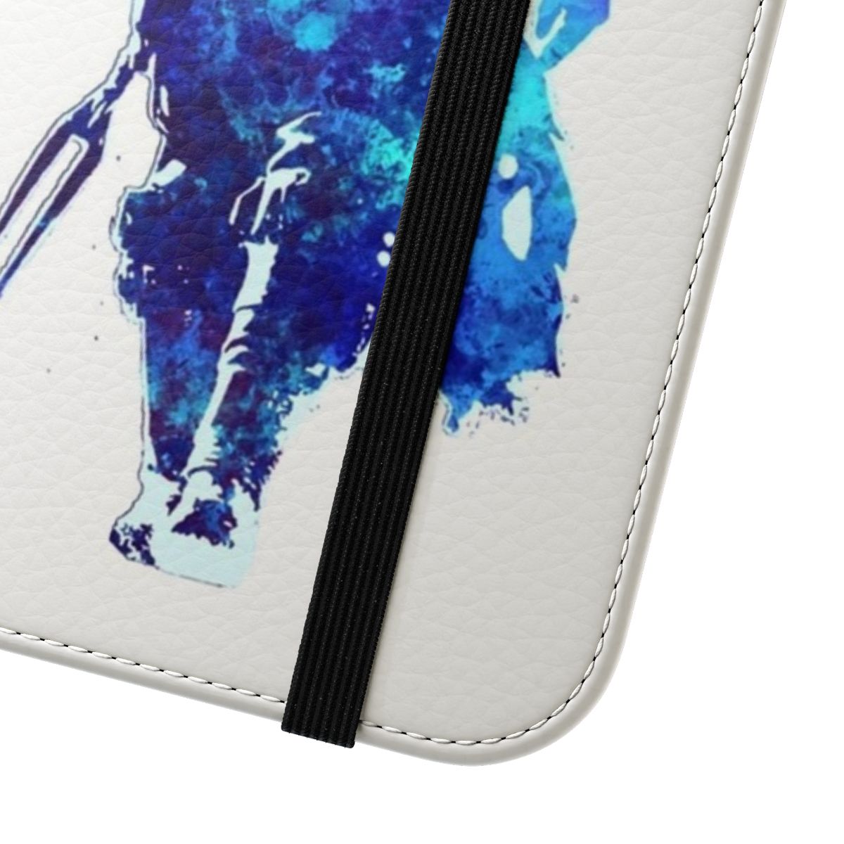 Silhouette blue paint spatter phone case with Mandalorian-inspired design - Close Up