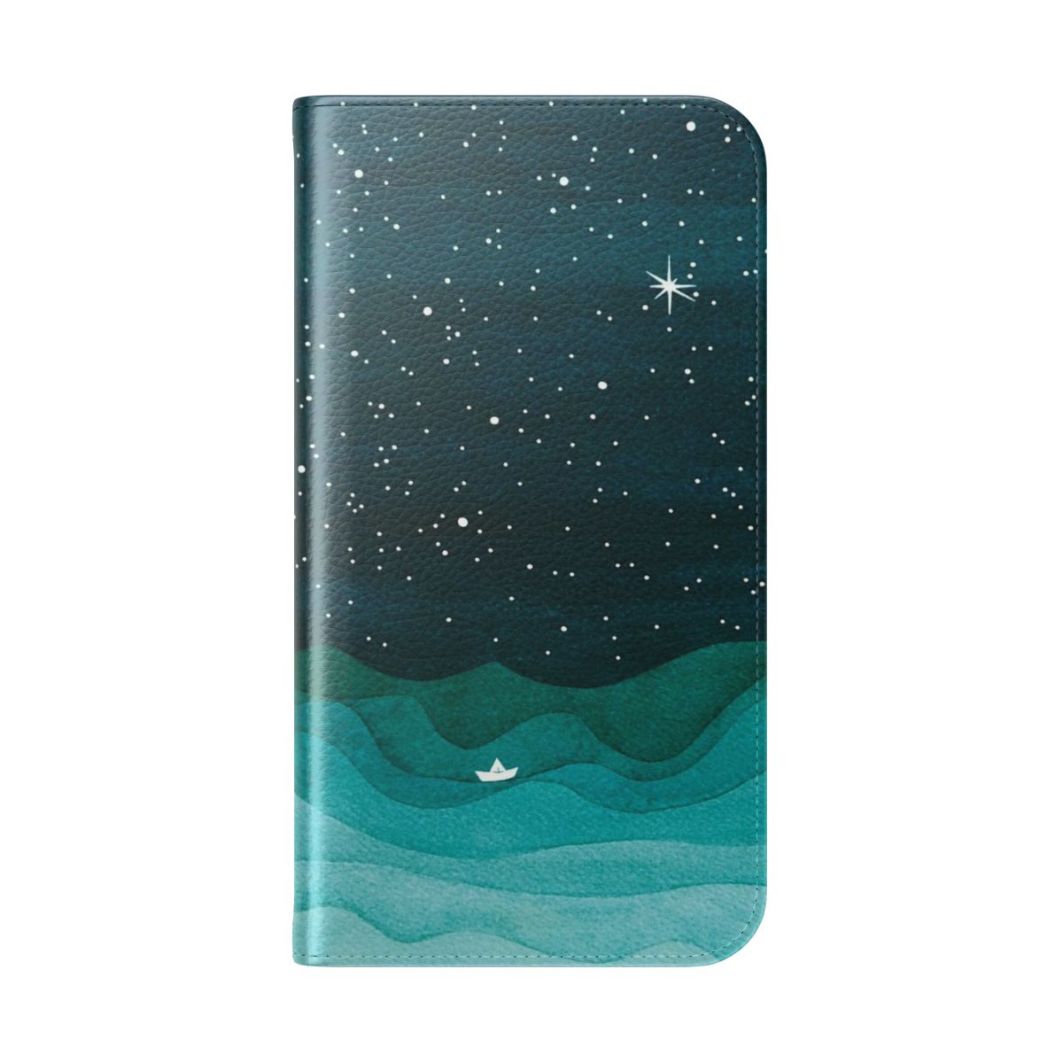 A teal sailboat floating on a watercolor ocean with a starry night sky in the background, printed on a phone case cover. - Folded Back