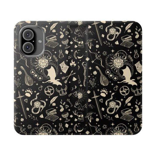 Dungeons and Dragons inspired phone case with a seamless pattern featuring d20 dice, medieval weapons, and roleplaying elements.