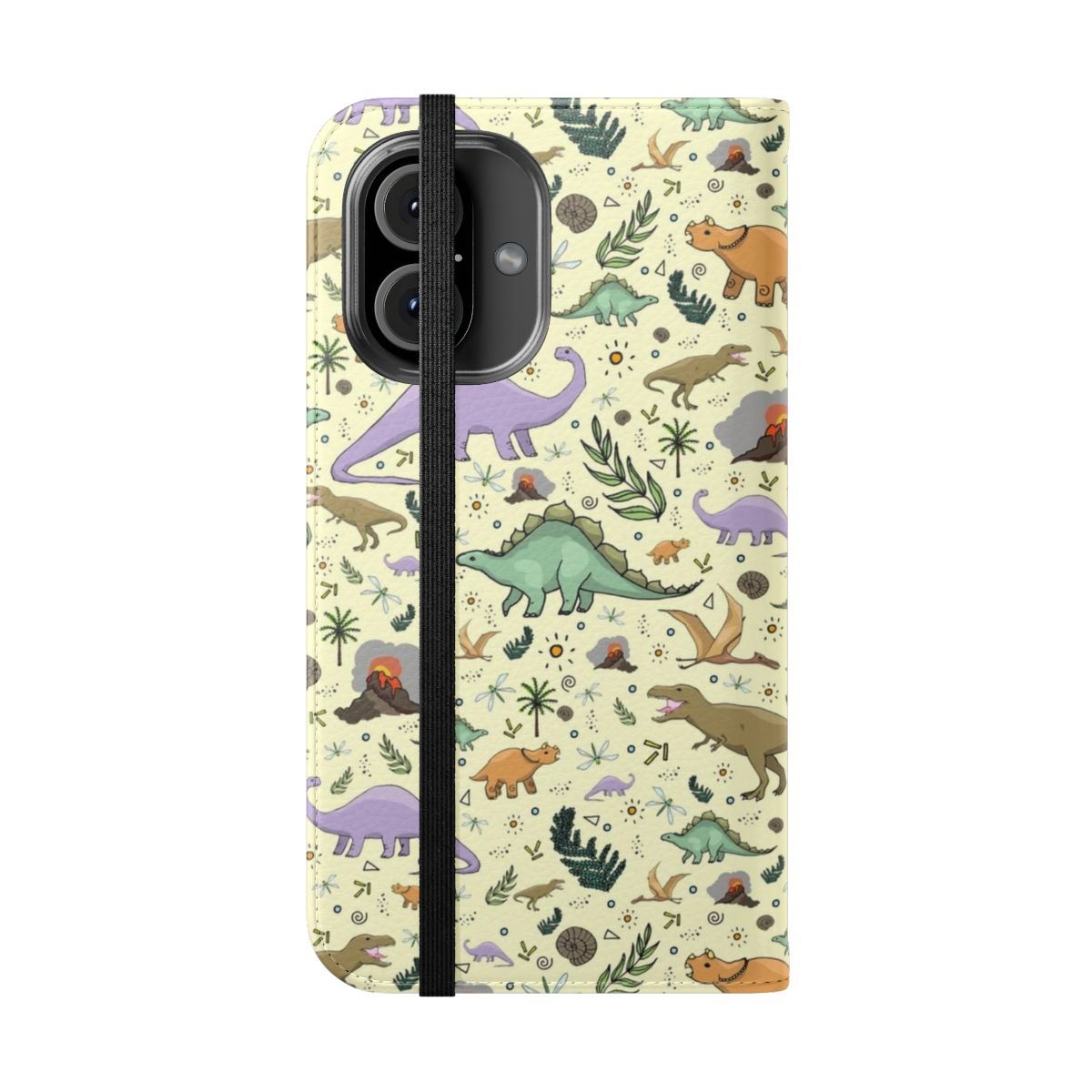 Colorful dinosaur pattern phone case with popular dinosaur species like brontosaurus, triceratops, and t-rex. - Folded Front