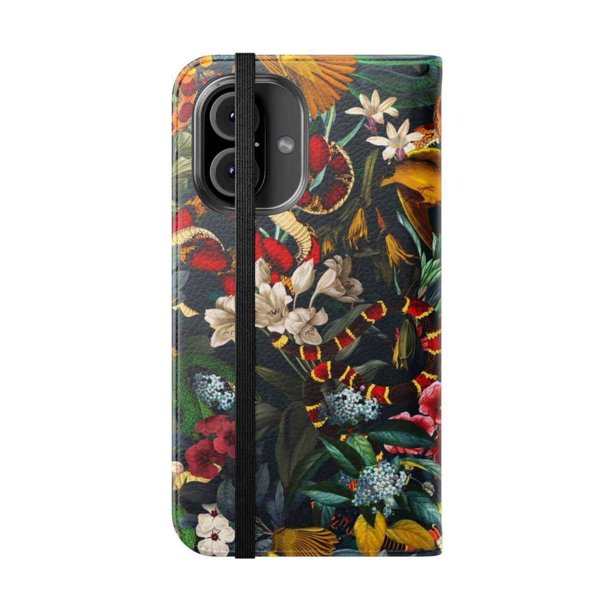 Colorful botanical phone case with birds, snakes, and tropical foliage design - Folded Front