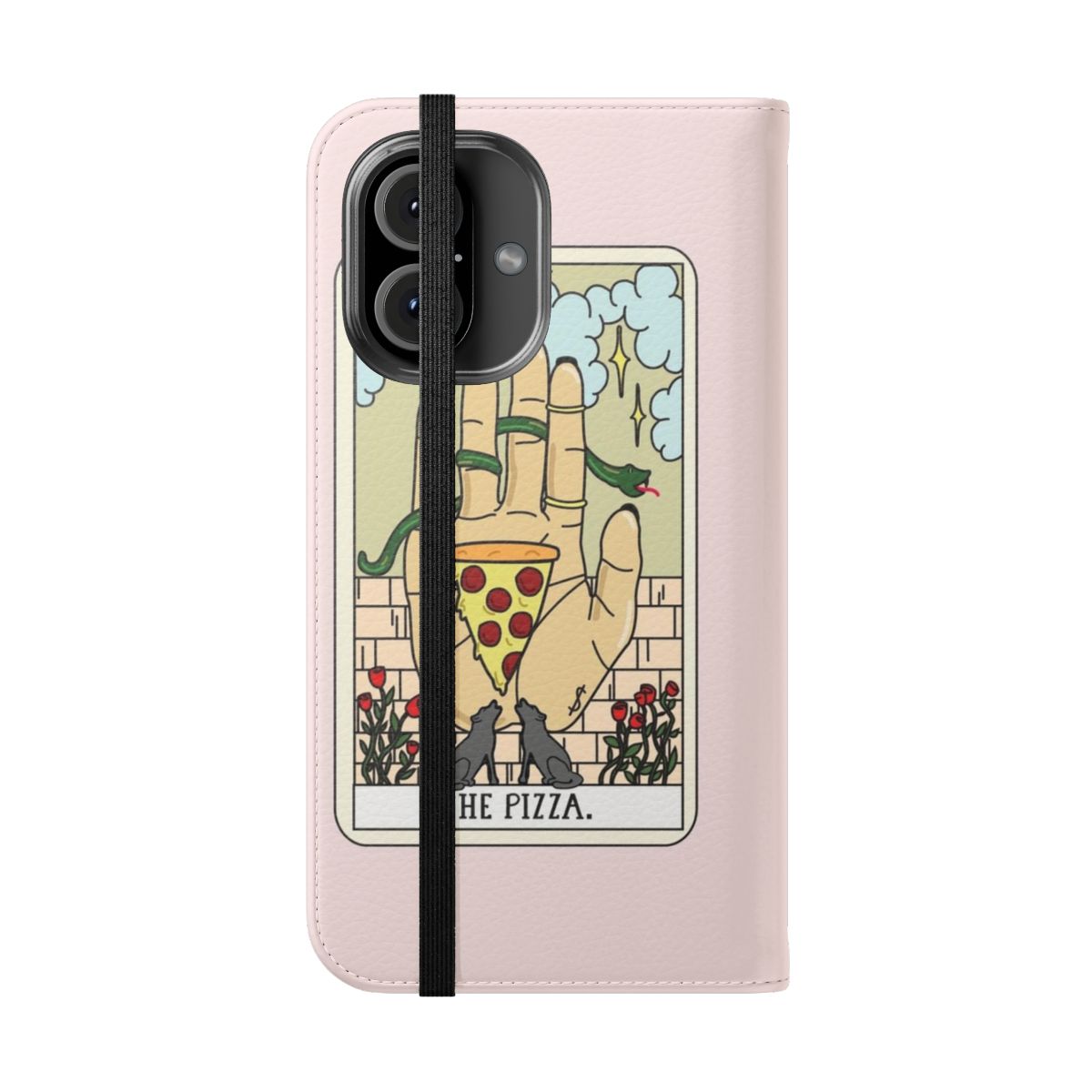 Mystical pizza reading flip cover phone case with tarot, moon, and stars design - Folded Front