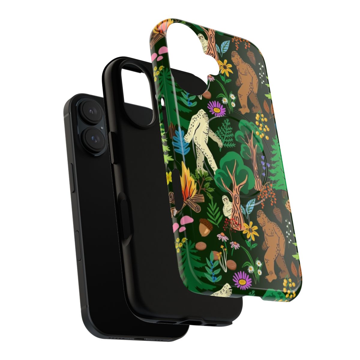 Magnetic tough phone cases with a design featuring forest creatures like bigfoot, sasquatch, and yeti - Layers