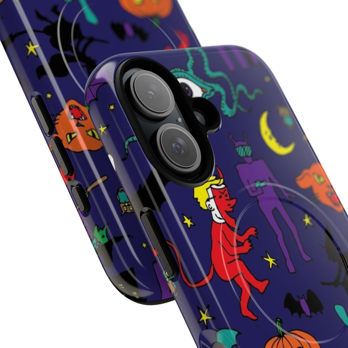 Retro Halloween pattern phone case with ghouls, monsters, witch, and other spooky elements - Detail