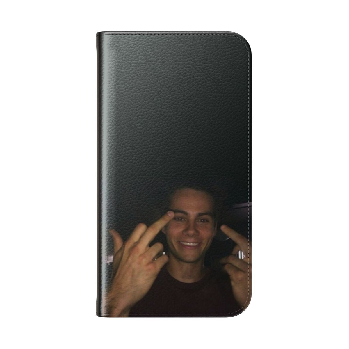 Flip cover phone case featuring a stylized middle finger design, perfect for fans of Dylan O'Brien and the hit shows Teen Wolf and The Maze Runner. - Folded Back