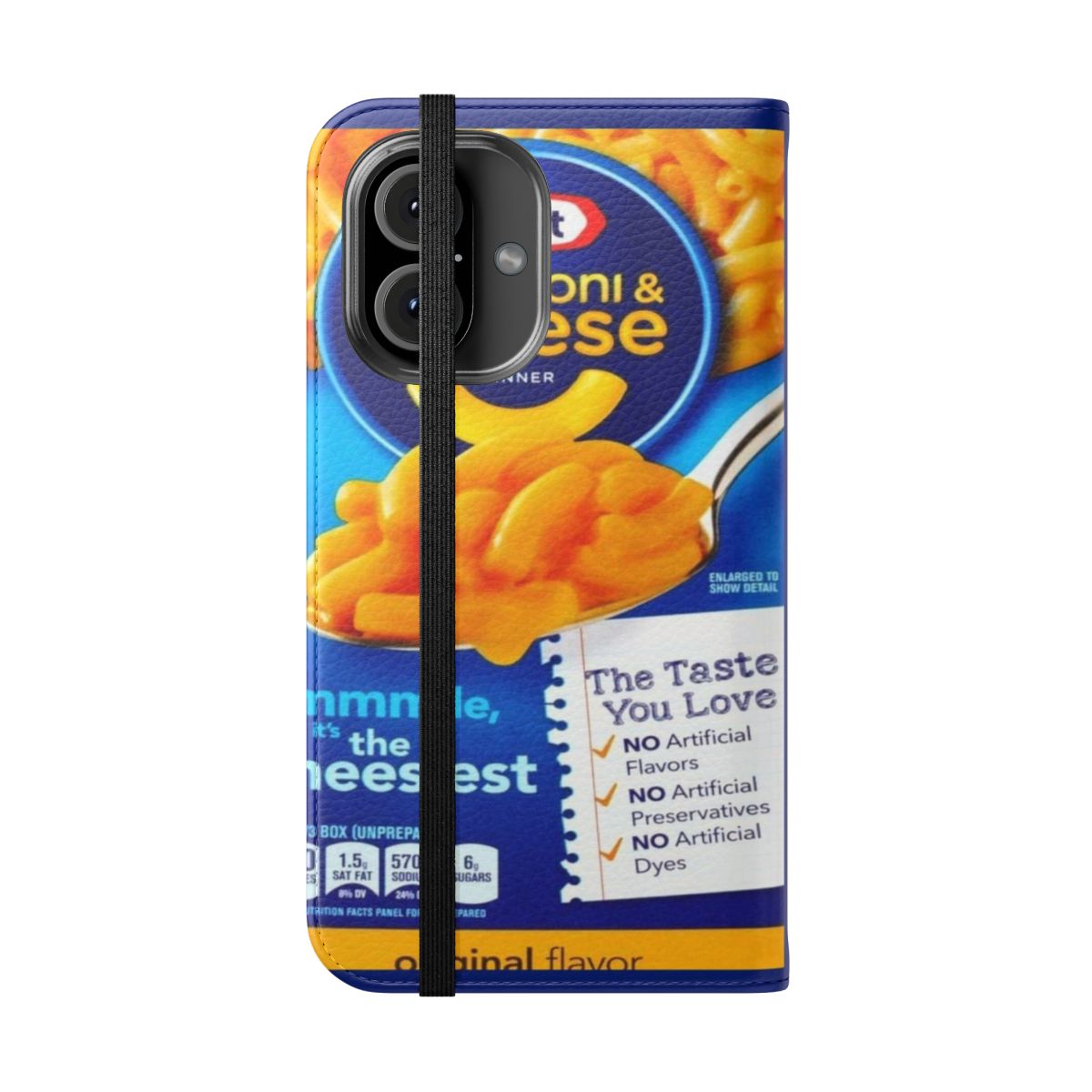 A creative flip phone case featuring a playful macaroni and cheese design - Folded Front