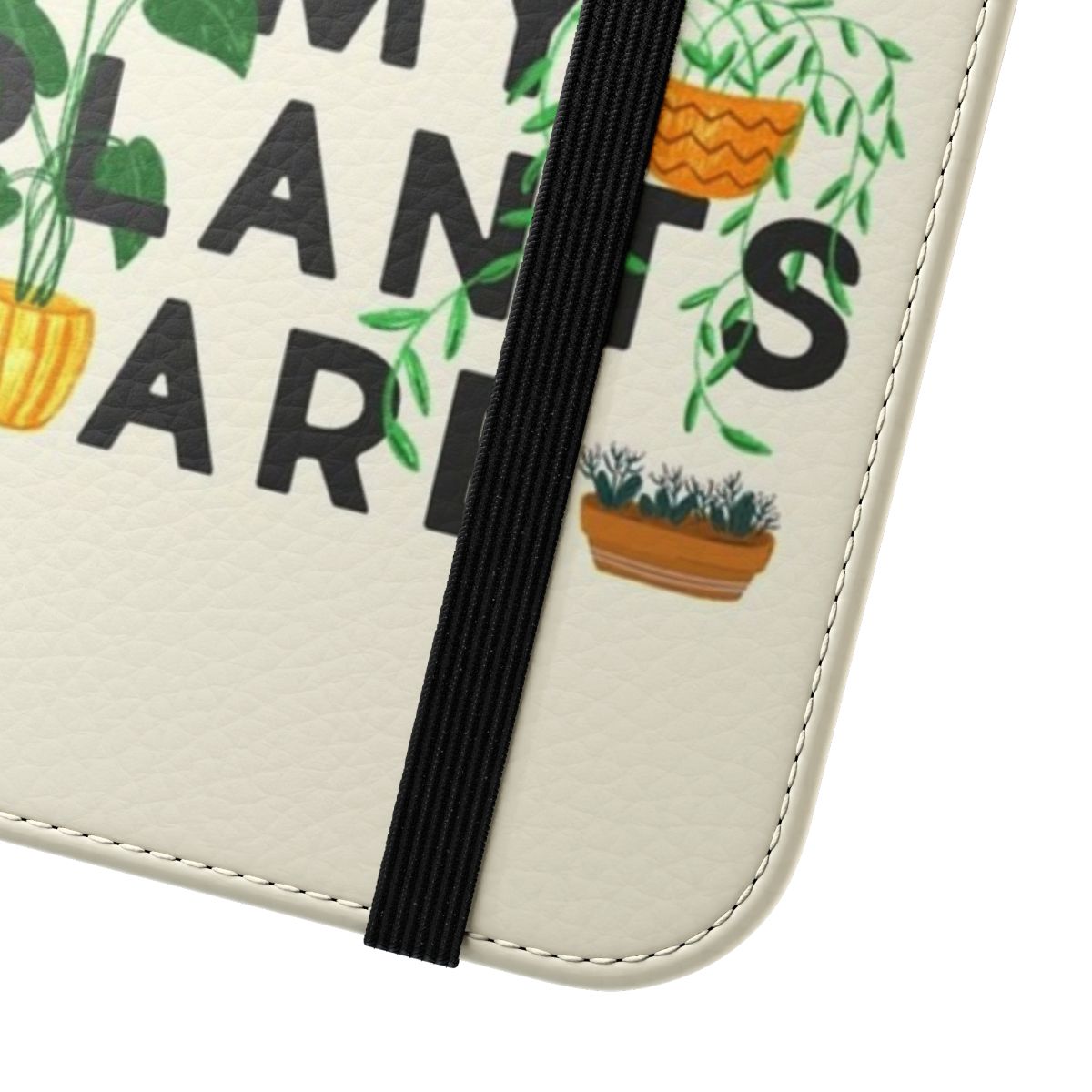 Flip phone case with a "Home Is Where My Plants Are" design, featuring various potted plants and greenery. - Close Up