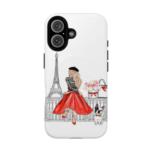 Illustration of a fashionable blonde girl wearing a red dress and beret in front of the Eiffel Tower in Paris.