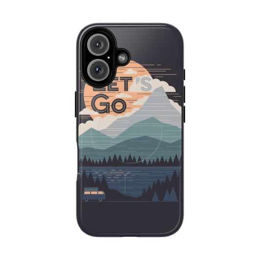 Pastel-colored minimalist phone case with magnetic closure and mountain graphic design