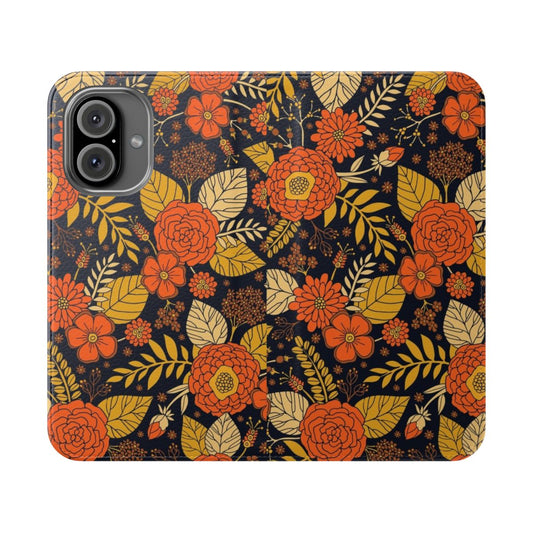 Retro floral pattern flip phone case in shades of yellow, orange, brown, and navy.