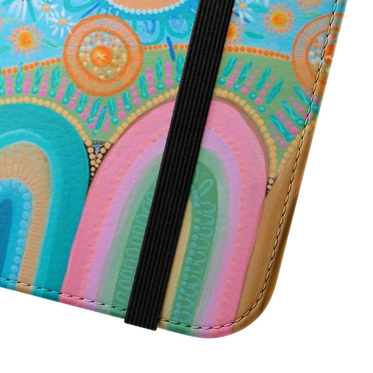 Flip cover phone case featuring vibrant first nations art design - Close Up