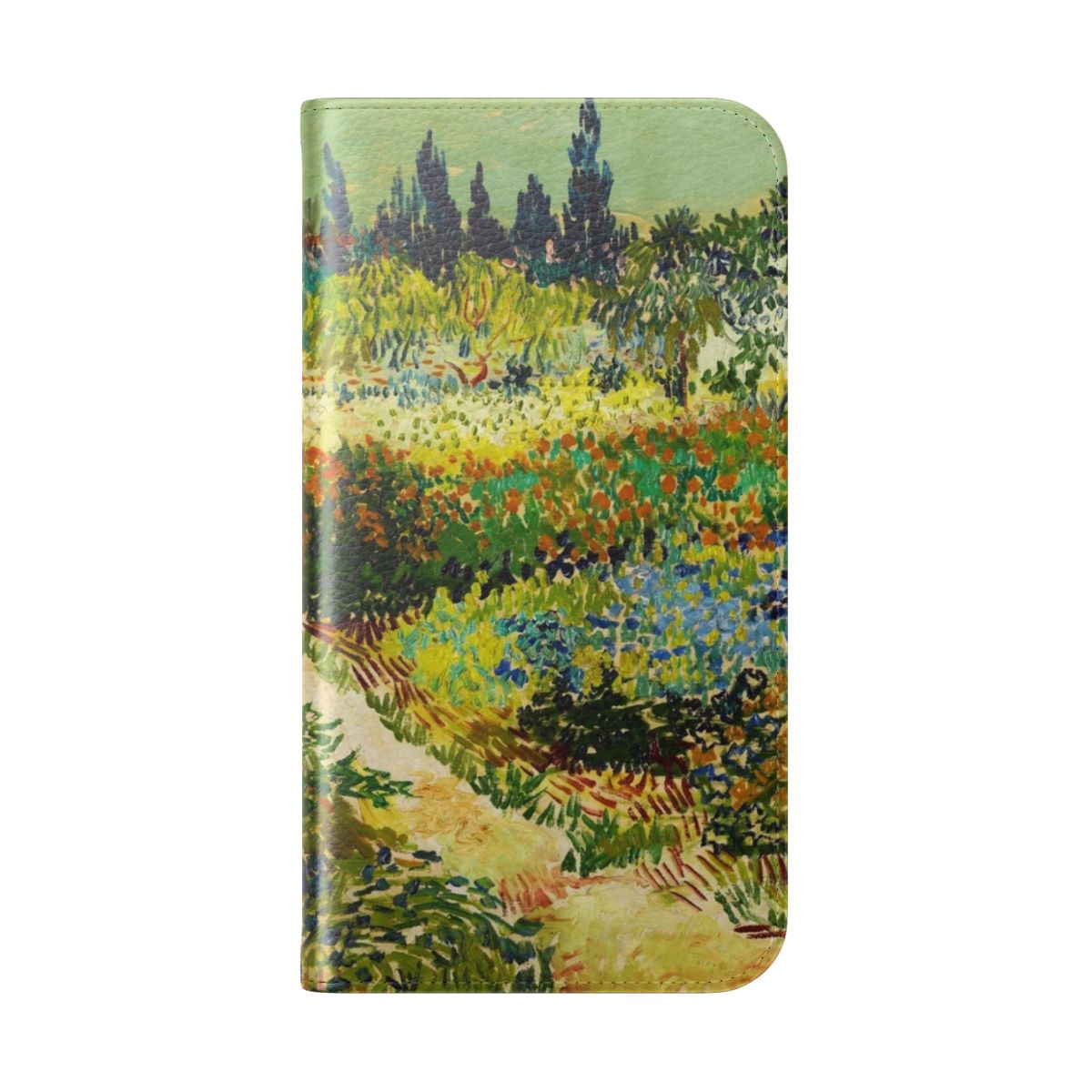 Vibrant phone case featuring the iconic "Garden at Arles" painting by renowned impressionist artist Vincent Van Gogh - Folded Back