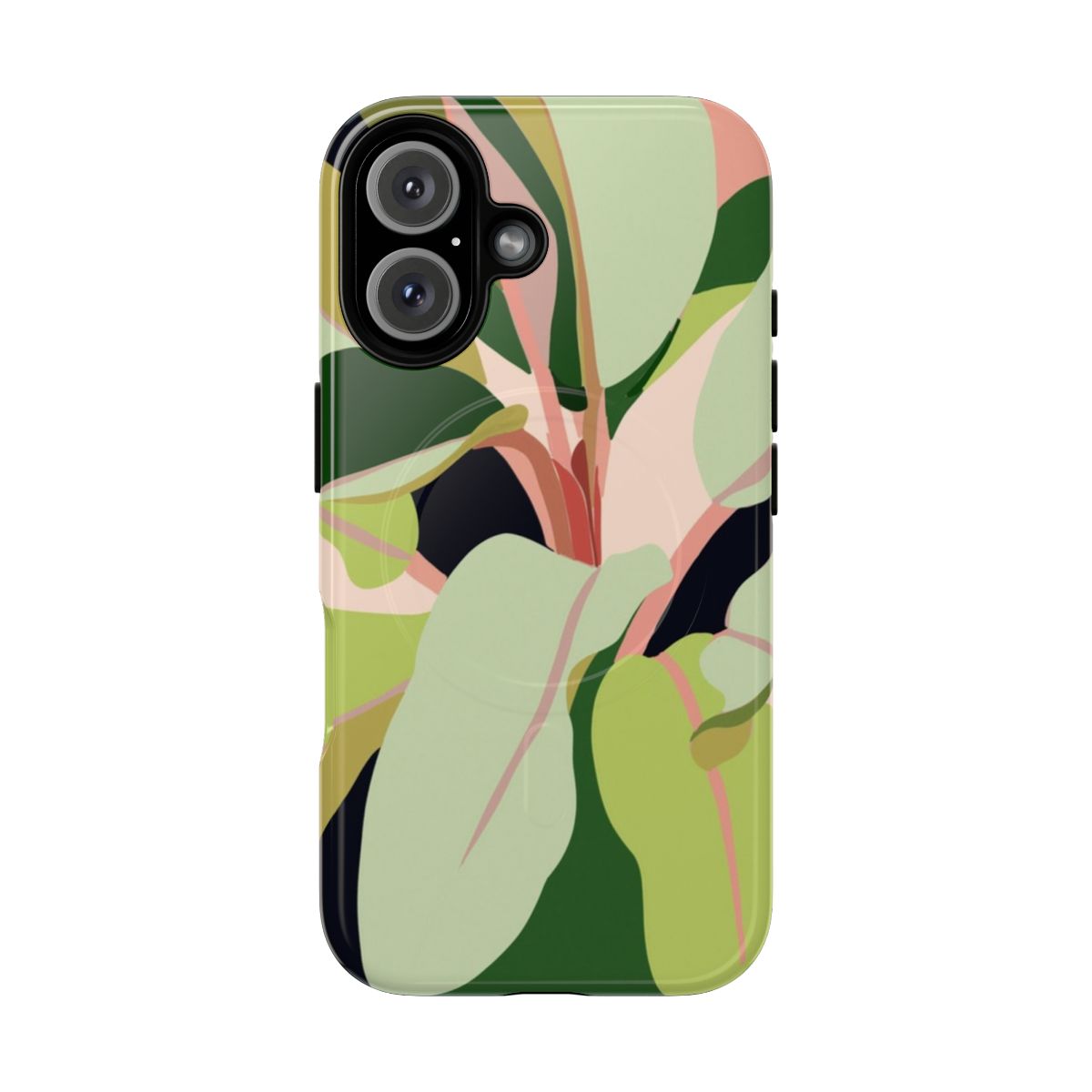 Colorful phone case featuring a botanical garden illustration with plants, flowers, and a vibrant pastel palette.