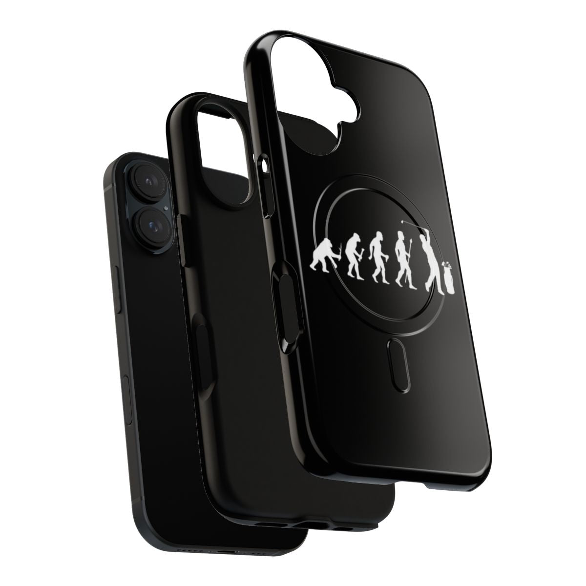 Magnetic phone case featuring a funny design of the evolution of a golfer - Layers