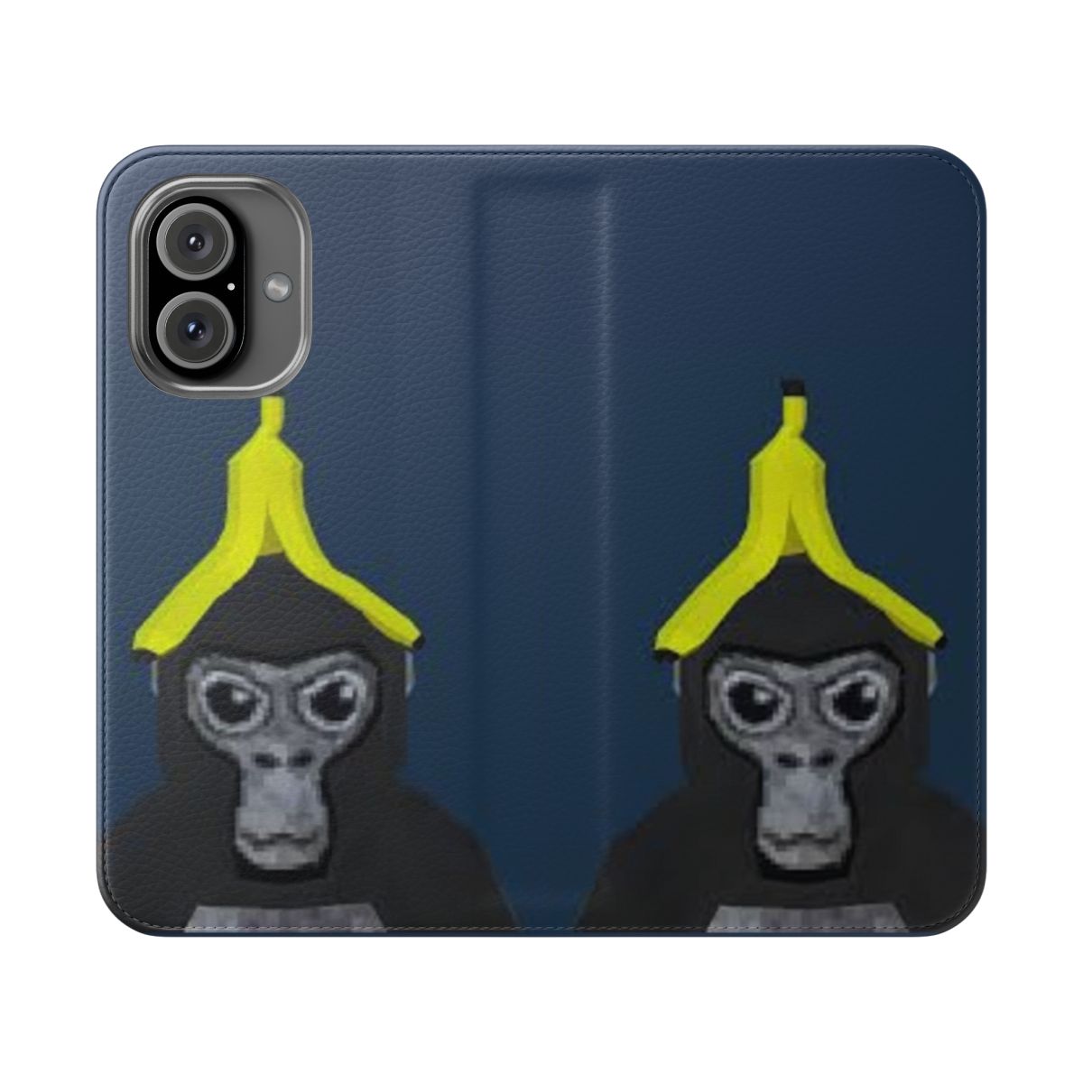 Flip cover phone case featuring a monkey holding a banana, a design inspired by the popular game Gorilla Tag.