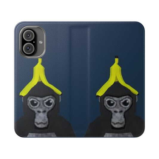 Flip cover phone case featuring a monkey holding a banana, a design inspired by the popular game Gorilla Tag.