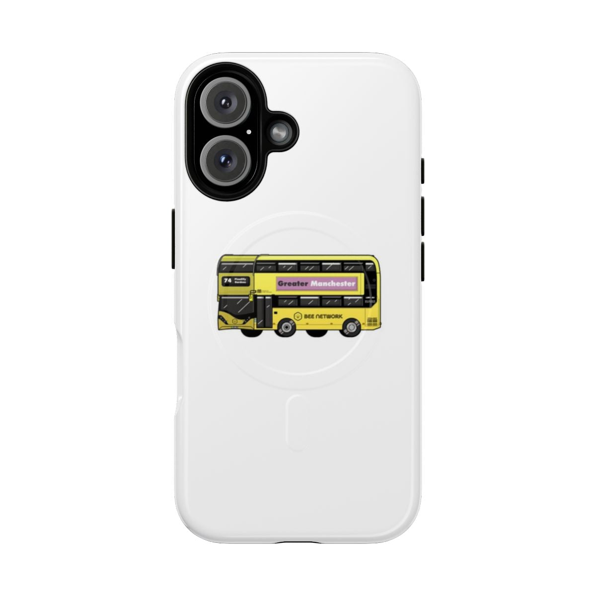 Greater Manchester Bee Network-inspired phone case with a yellow bus design