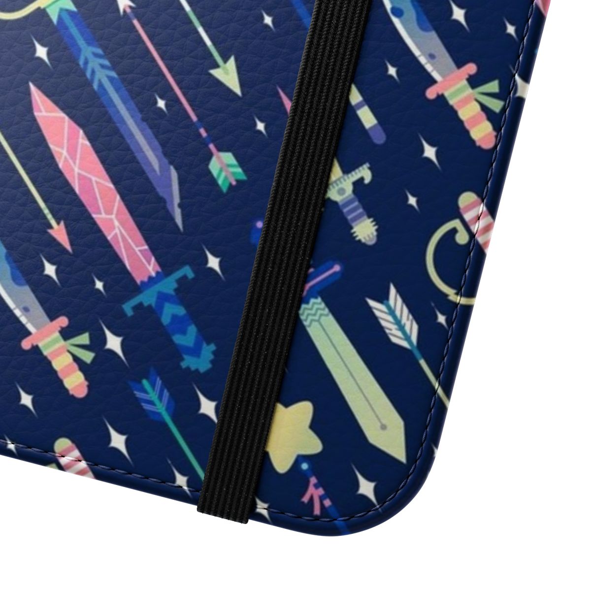 A pastel-colored phone case featuring a magical sword and arrows design - Close Up