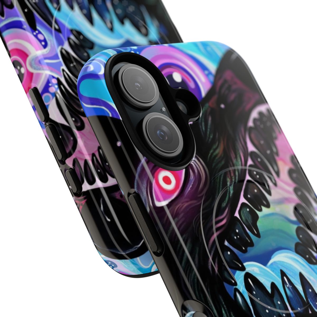 Colorful trippy phone case with a glittery wolf design and psychedelic animal details - Detail