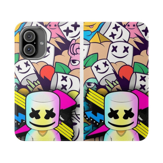 Marshmello-themed flip cover phone case in white with electronic music design