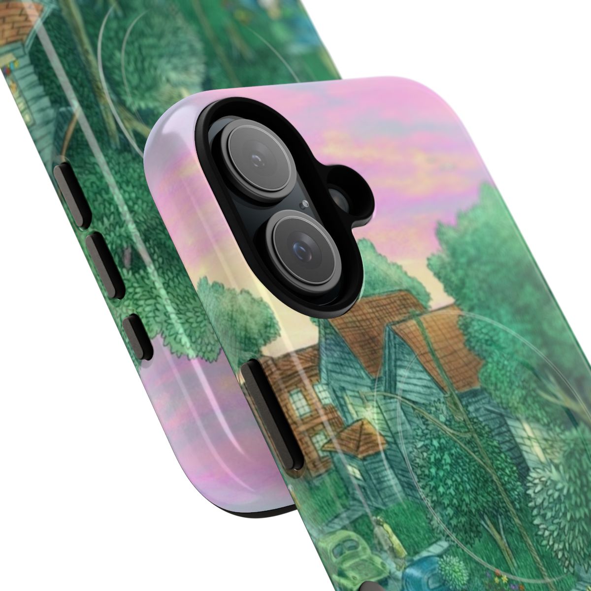 Sunset street scene with trees and architecture on a magnetic tough phone case - Detail