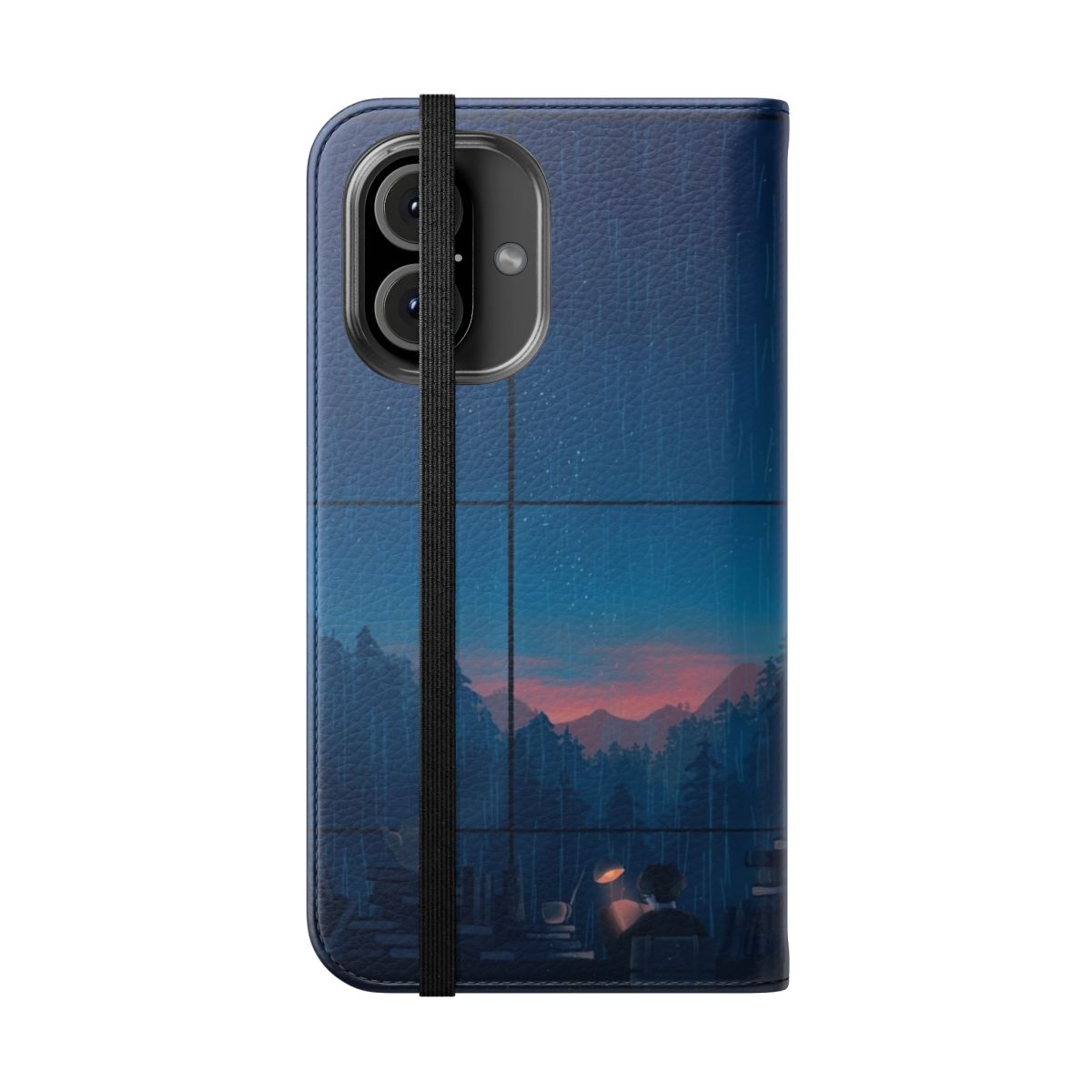 Flip cover phone case with a scenic nature photography image of mountains, fog, and sunrise/sunset - Folded Front